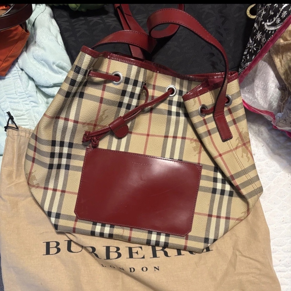 BURBERRY Haymarket Check Drawstring Bucket Shoulder Bag